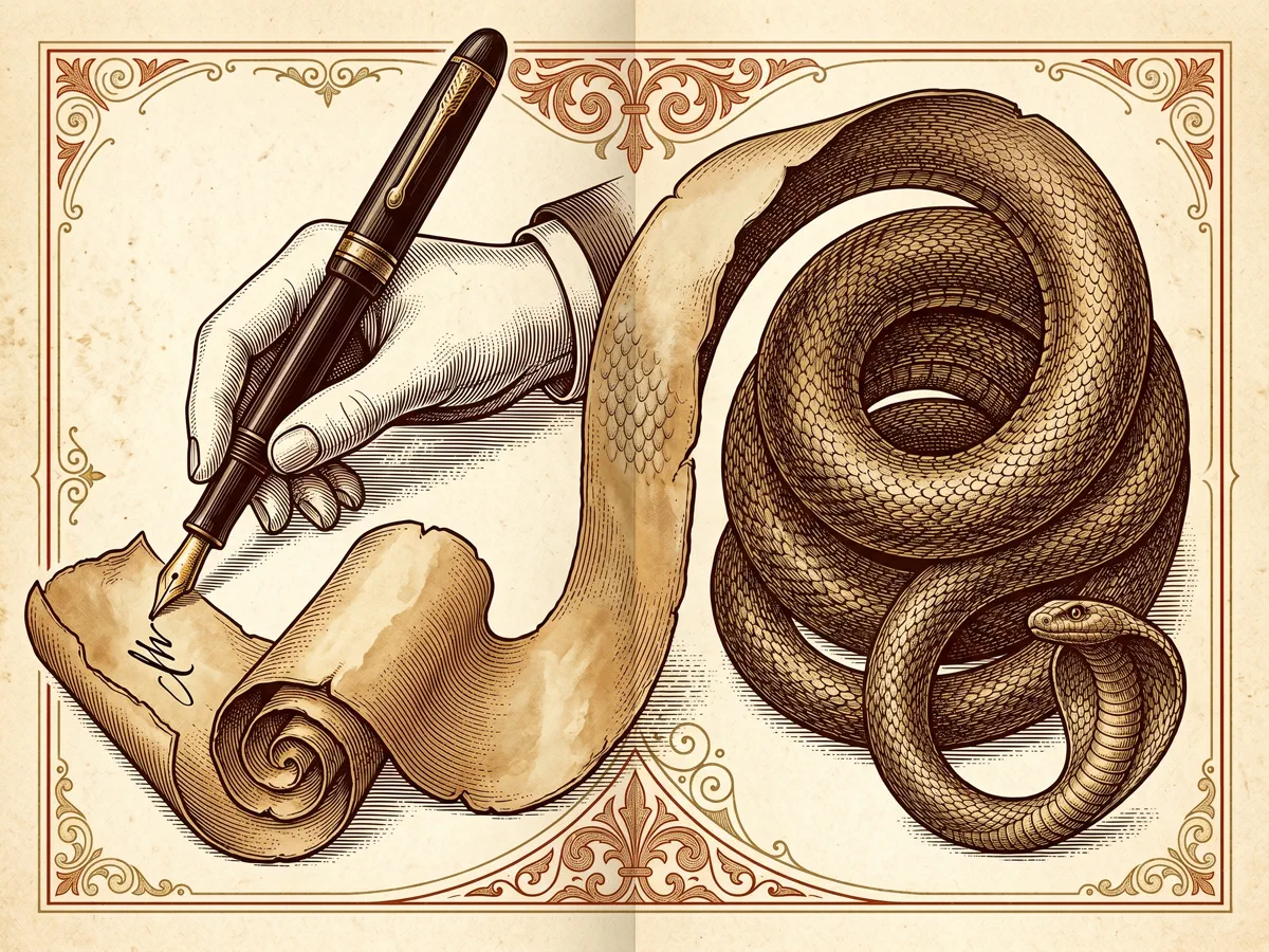 Editorial illustration of a fountain pen signing a contract that coils into a snake, evoking a contract trap.