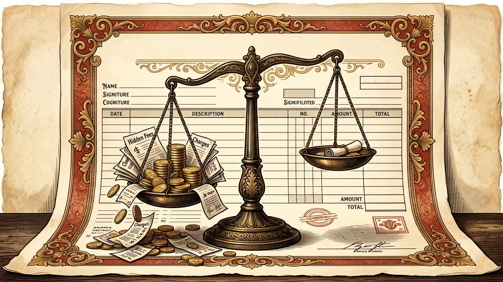 Editorial illustration of an ornate vintage parking invoice with a balance scale weighted down by hidden fees and gold coins on an ivory background.