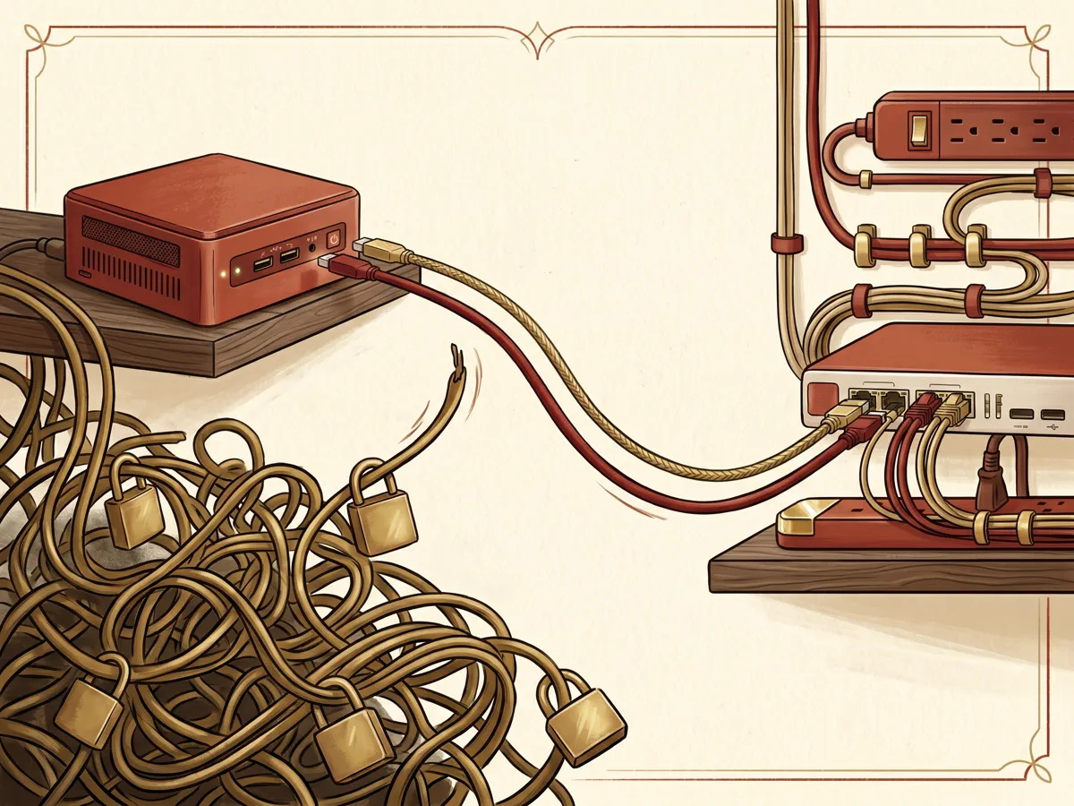 Editorial illustration showing cables with gold padlocks being unplugged and a clean new red mini-PC installed, representing an escape from vendor lock-in.