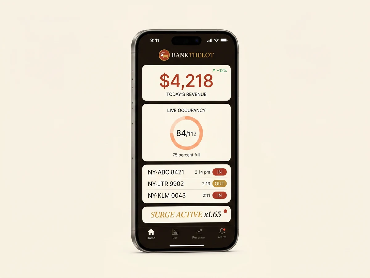 BankTheLot iPhone companion app showing $4,218 today's revenue up 12%, live occupancy 84 of 112 spaces, a live in-and-out feed of license plates NY ABC 8421, NY JTR 9902, NY KLM 0043, and a gold SURGE ACTIVE x1.65 banner.